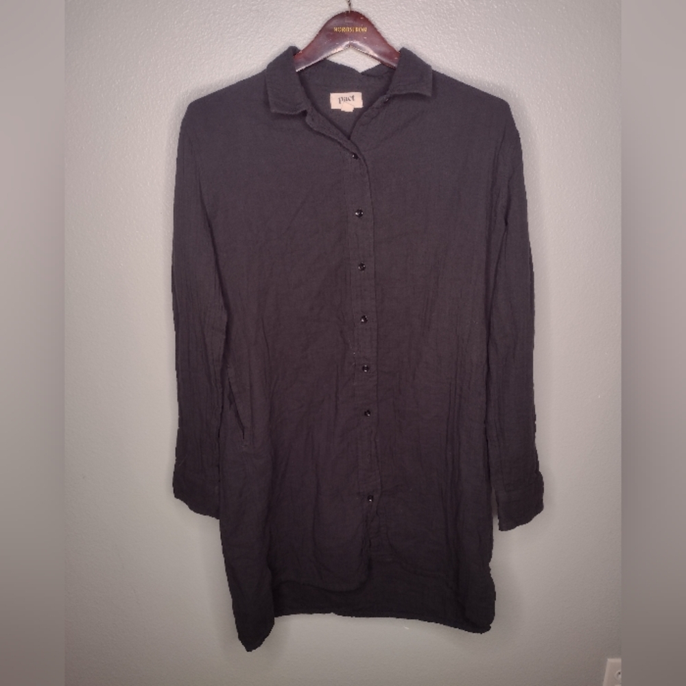 Pact Women's Slub Cotton Button Up Shirt Dress XS/S Black Minimalist Capsule A12